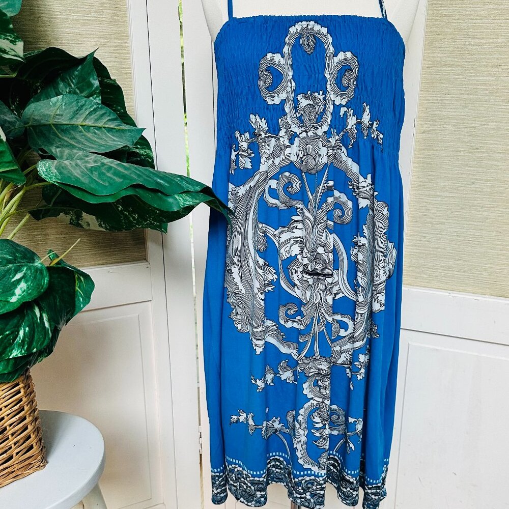 Vintage Blue Boho Midi Dress Smocked Strap One Size Grecian Resort Coverup M